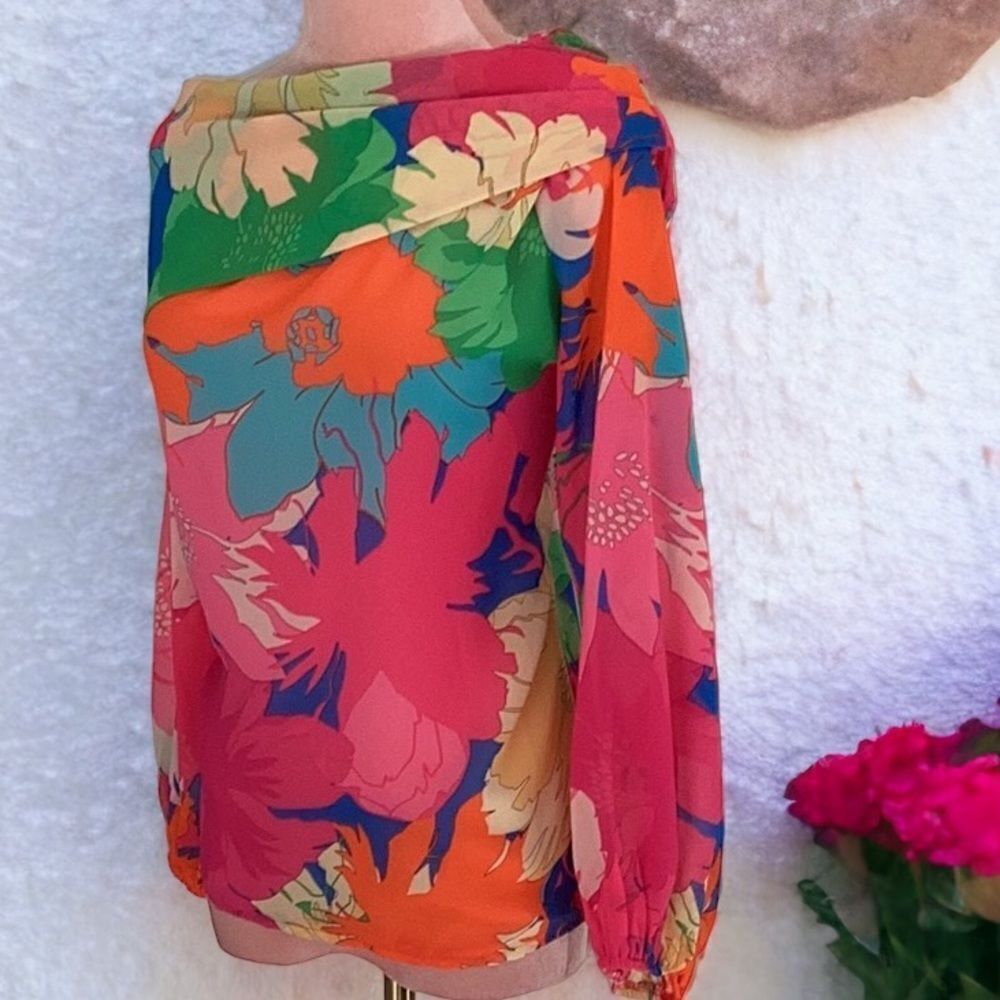 SHEIN NEW BOHOFLORAL PRINT ASYMMETRICAL NECK LANTERN SLEEVES BLOUSE TOP HOT PINK - Picture 4 of 7
